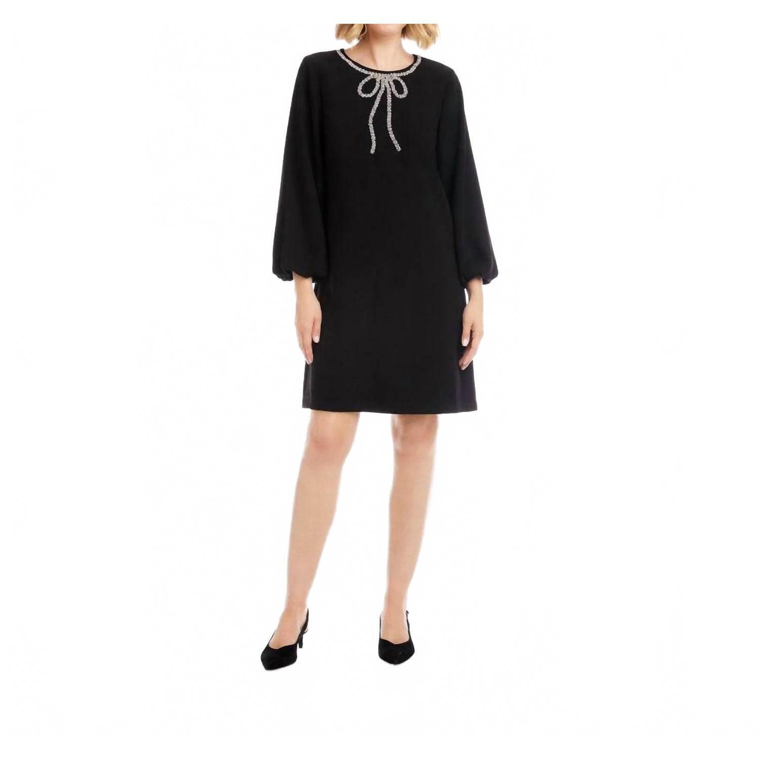 New Karen Kane Puff Sleeve Embellished Bow Shift Dress - Petite In Black